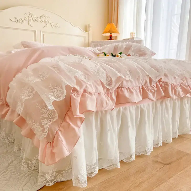 Pink and white lace ruffled bed skirt with floral embroidery from decorbites french princess bedding set cotton