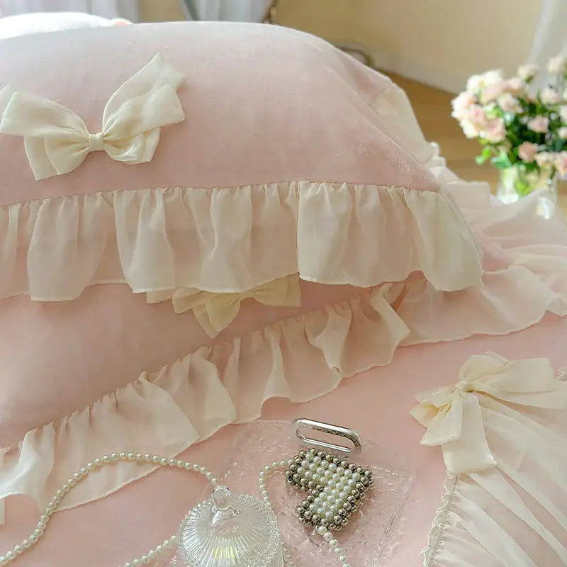Pink ruffled velvet pillow cover with cream satin bow from decorbites french princess lace bedding set