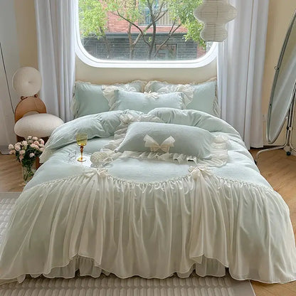 Pastel mint french princess lace bedding set with velvet ruffles and delicate white bows by decorbites french princess