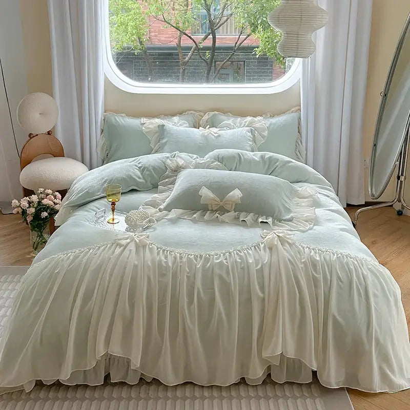 Pastel mint french princess lace bedding set with velvet ruffles and delicate white bows by decorbites french princess