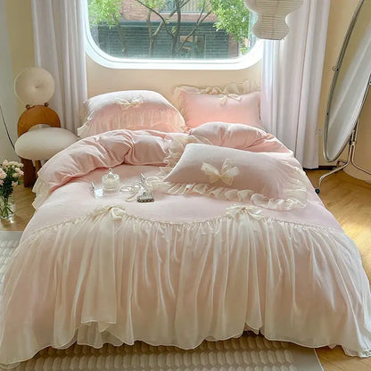 Pastel pink velvet bedding set with ruffles and delicate white bows for decorbites french princess lace bedroom decor