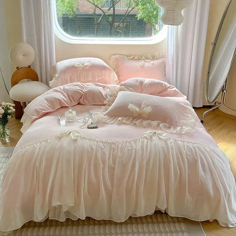 Pastel pink velvet bedding set with ruffles and delicate white bows for decorbites french princess lace bedroom decor