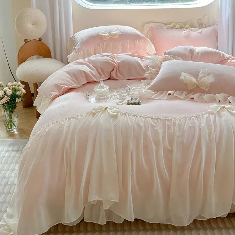 Pastel pink velvet bedding set with cream bows and layered ruffles featuring decorbites french princess lace design