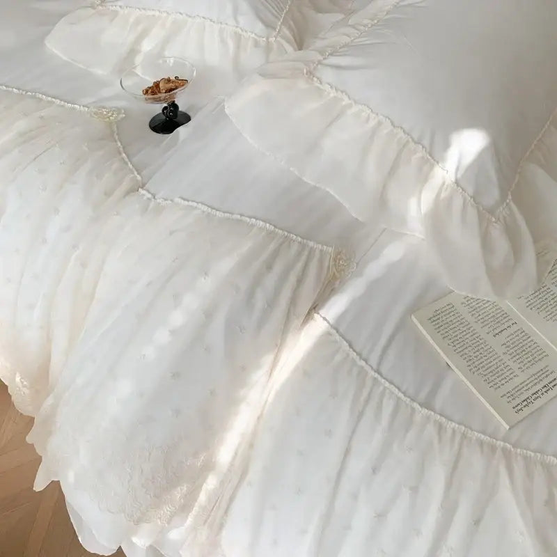 White ruffled lace bedding set with delicate lace trim and subtle dot pattern for decorbites french princess wedding decor