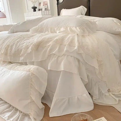 Ivory lace ruffle bedding set with layered fabric and subtle embroidery from decorbites french princess wedding collection