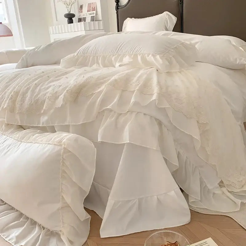 Ivory lace ruffle bedding set with layered fabric and subtle embroidery from decorbites french princess wedding collection