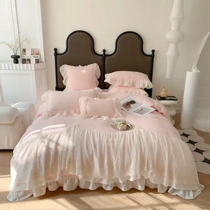Pink ruffled bedding set with layered fabric and delicate lace trim for decorbites french princess wedding decorbites french princess