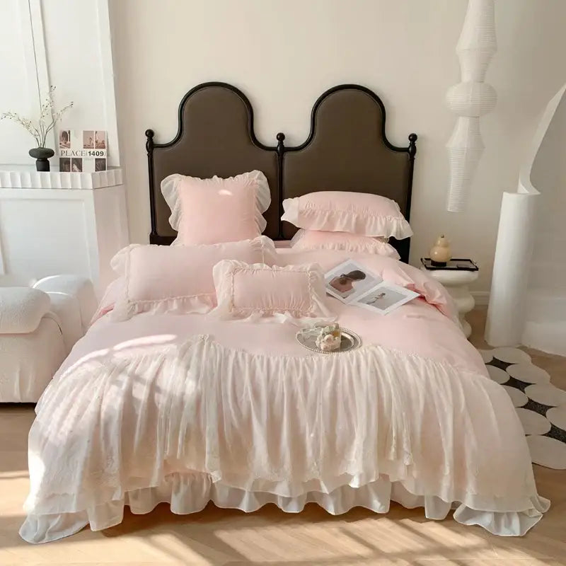 Pink ruffled bedding set with layered fabric and delicate lace trim for decorbites french princess wedding decorbites french princess