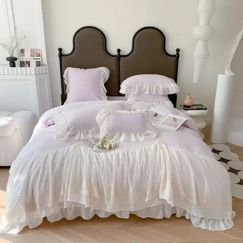 Lavender and white ruffled lace bedding set decorbites french princess wedding duvet cover for elegant bedroom decor
