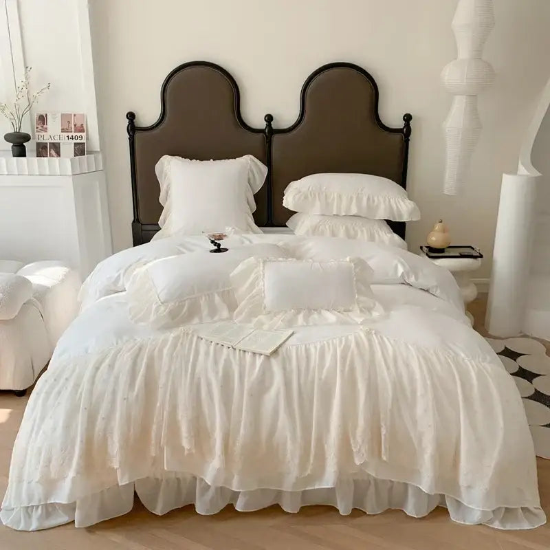 White ruffled lace bedding set with delicate trim and soft fabric by decorbites french princess for romantic bedroom decorbites french princess wedding