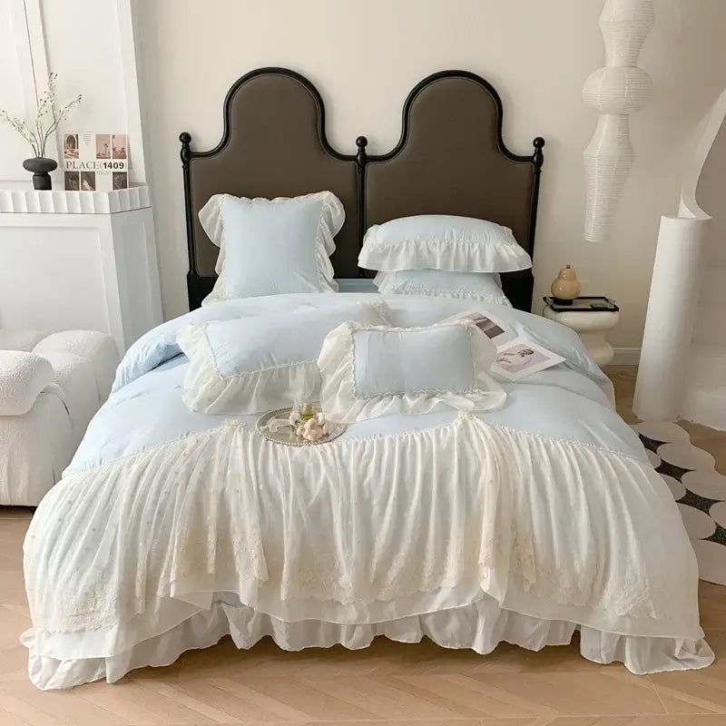 Light blue and cream ruffled bedding set with delicate lace detailing decorbites french princess wedding decor