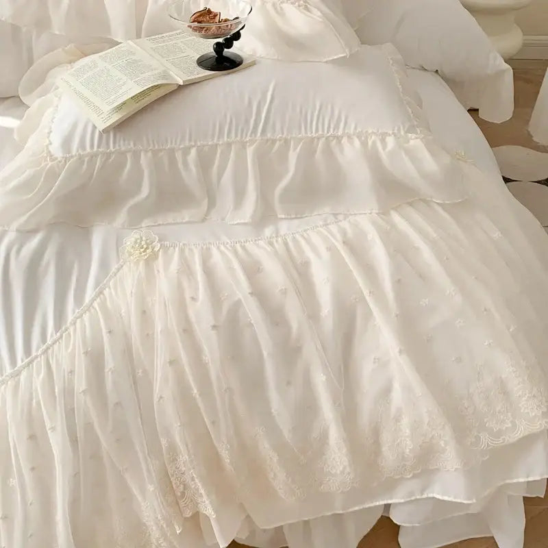 White layered ruffled bed skirt with lace trim and embroidery from decorbites french princess bedding set for wedding decor