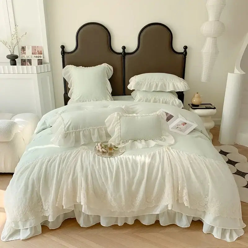 A delicate white french princess bedding set with multi-layered ruffles lace trim and soft satin finish decorbites french princess