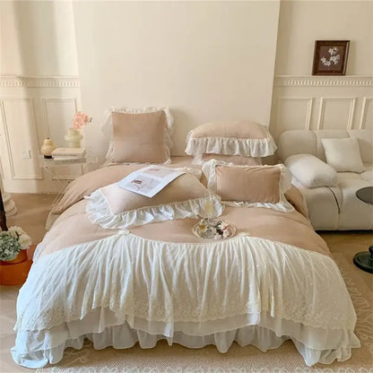 Beige and white ruffled french princess velvet bedding set with lace trim for elegant bedroom decorbites french princess