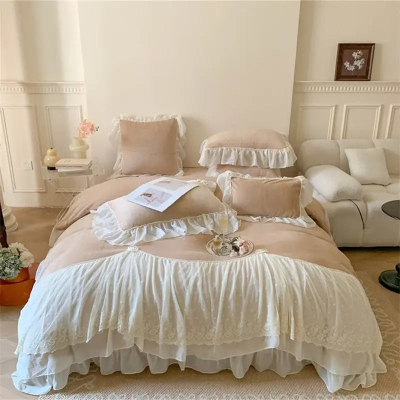 Beige and white ruffled french princess velvet bedding set with lace trim for elegant bedroom decorbites french princess