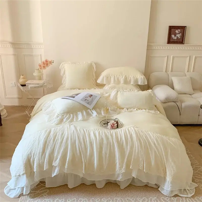 Cream-colored french princess velvet bedding set with ruffled layers and delicate lace trim for elegant decorbites decor