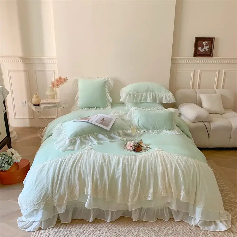 Mint green and white layered ruffled bedding set with velvet and lace trim from decorbites french princess collection