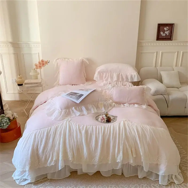 Pink and white ruffled bedding set with lace detailing in decorbites french princess velvet bedroom decorbites french princess