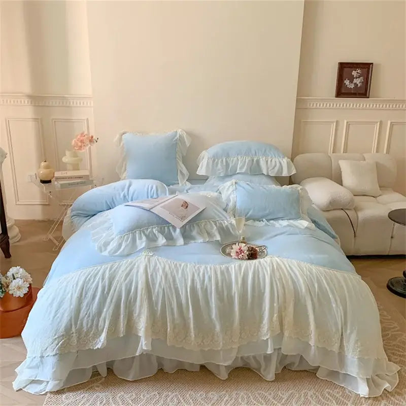 Light blue ruffled bedding set with delicate white lace trim in decorbites french princess velvet style