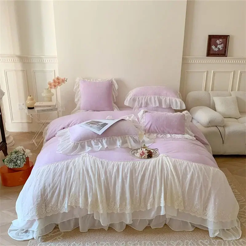 Pastel lavender and white french princess velvet bedding set with ruffles and lace trim from decorbites french princess collection