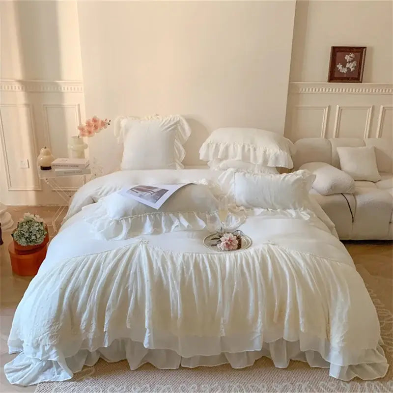 White velvet french princess bedding set with ruffled layers and delicate lace trim for elegant bedroom decorbites french princess