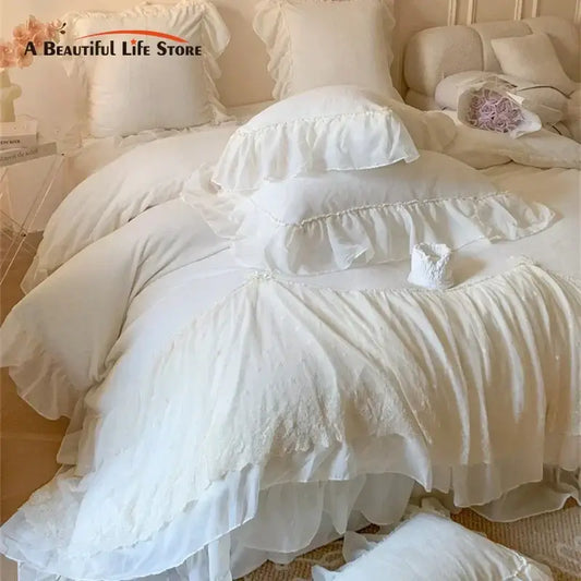 White velvet ruffled bedding set with layered fabric and lace trim for decorbites french princess bedroom decor