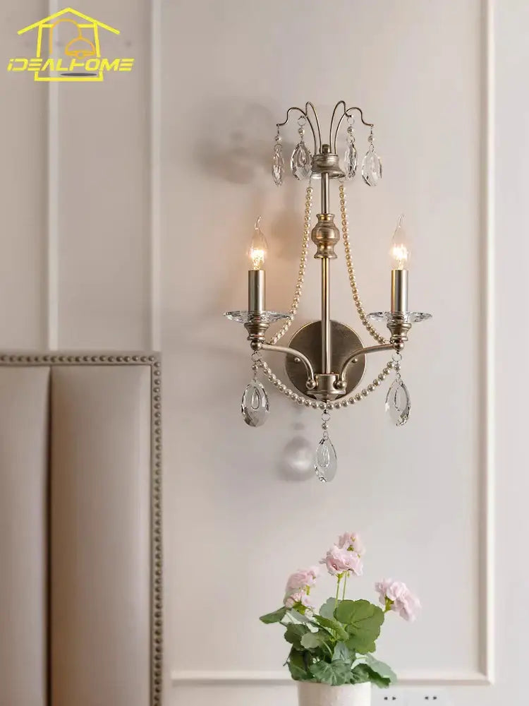 Antique brass wall lamp with crystal droplets and beaded chains french retro decorbites living room sconce
