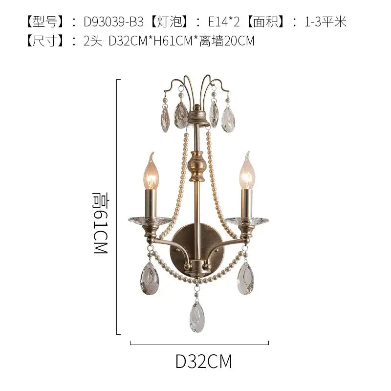 Antique brass french retro two-light wall lamp with dangling crystal teardrops and beaded chains from decorbites french retro