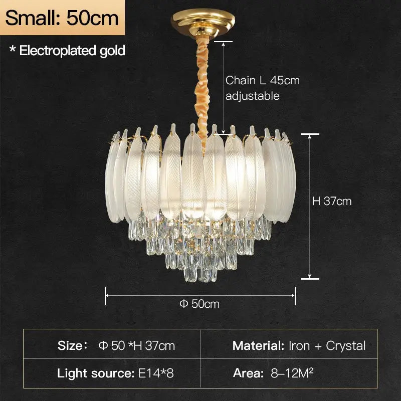 Elegant gold-plated french retro crystal feather chandelier with frosted glass shades and dangling crystal droplets for dining room decorbites crystal feather design