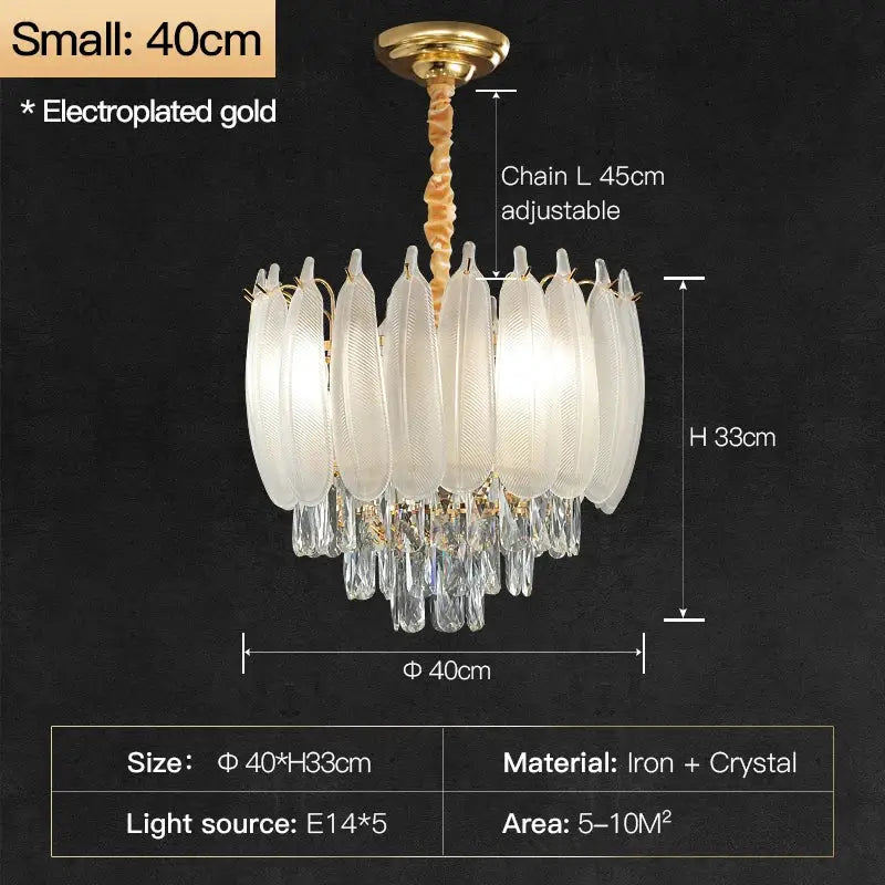 Elegant electroplated gold crystal feather chandelier with frosted glass shades and dangling crystals for dining room decorbites crystal feather