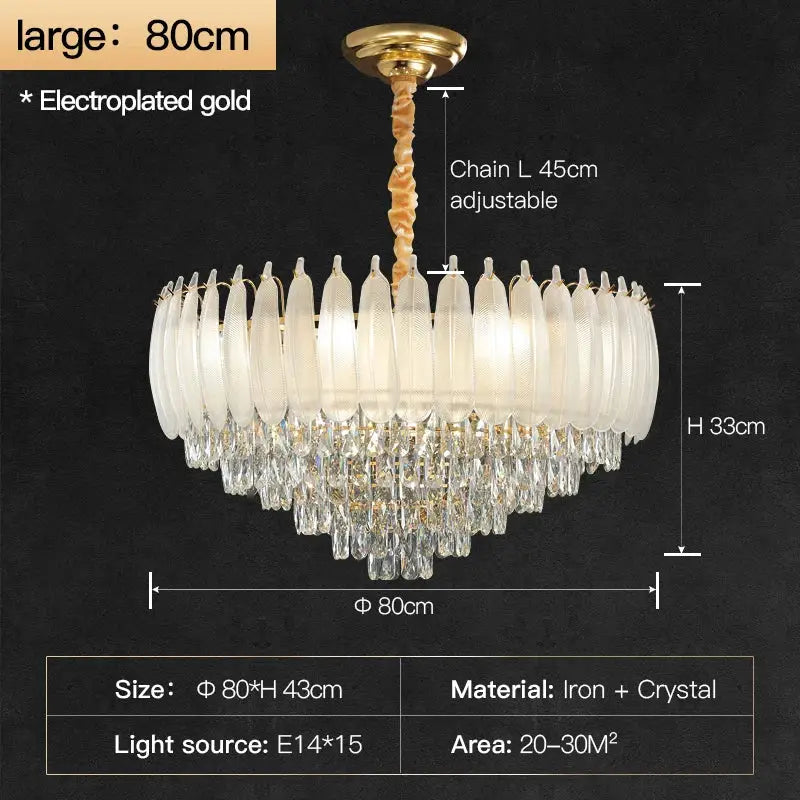 Elegant electroplated gold decorbites crystal feather chandelier with frosted glass and crystal droplets for dining room light