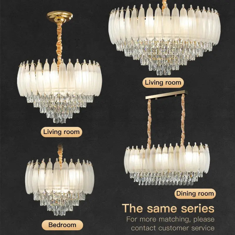 Elegant French retro gold crystal feather chandelier featuring tiered frosted glass discs and cascading crystal droplets for dining room decorbites crystal feather design