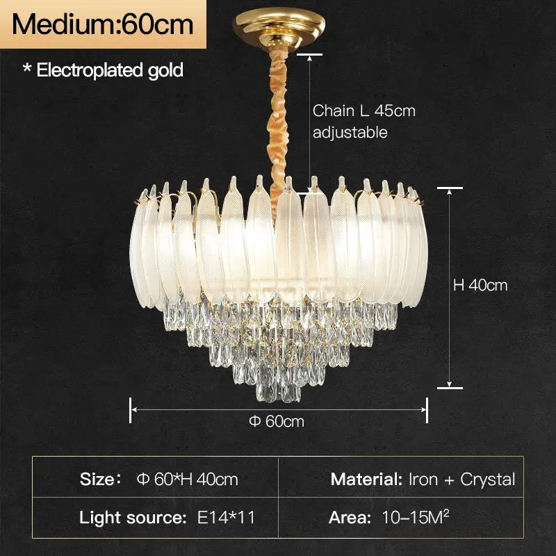 French retro gold crystal feather chandelier with electroplated gold finish and frosted glass shades for dining room decorbites crystal feather