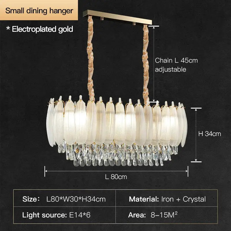 French retro gold crystal feather chandelier with gold electroplated frame, frosted glass discs, and crystal droplets for dining room decorbites crystal feather