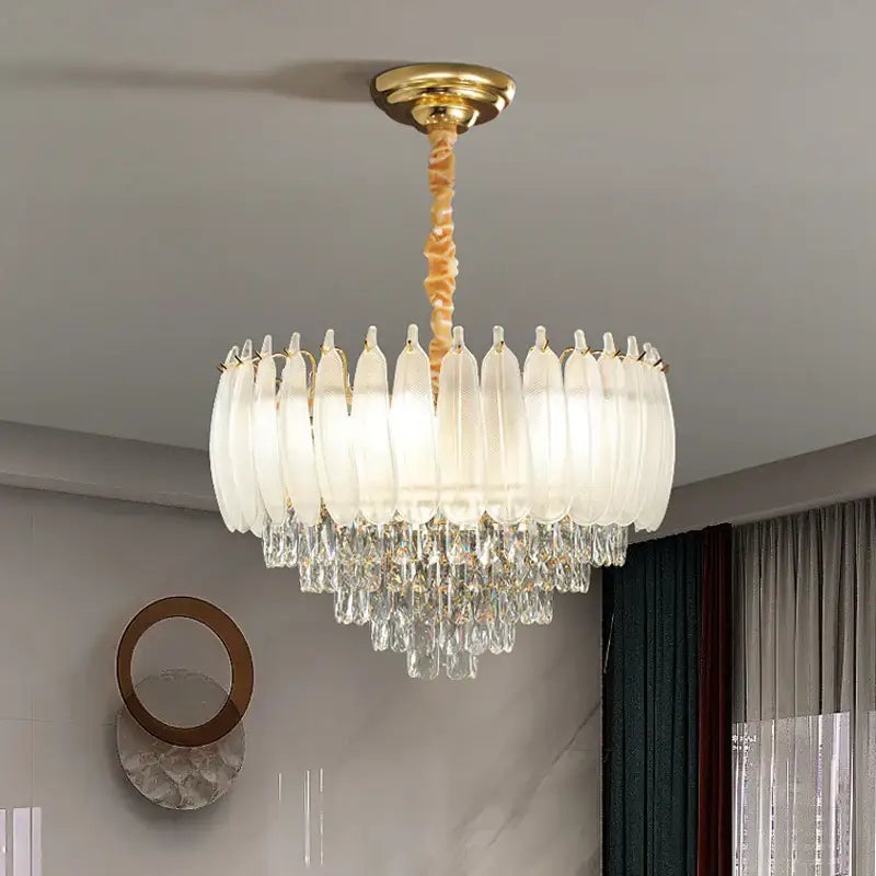 French retro gold crystal feather chandelier dining room light with gold ceiling mount, glass leaf shades, and crystal droplets decorbites crystal feather