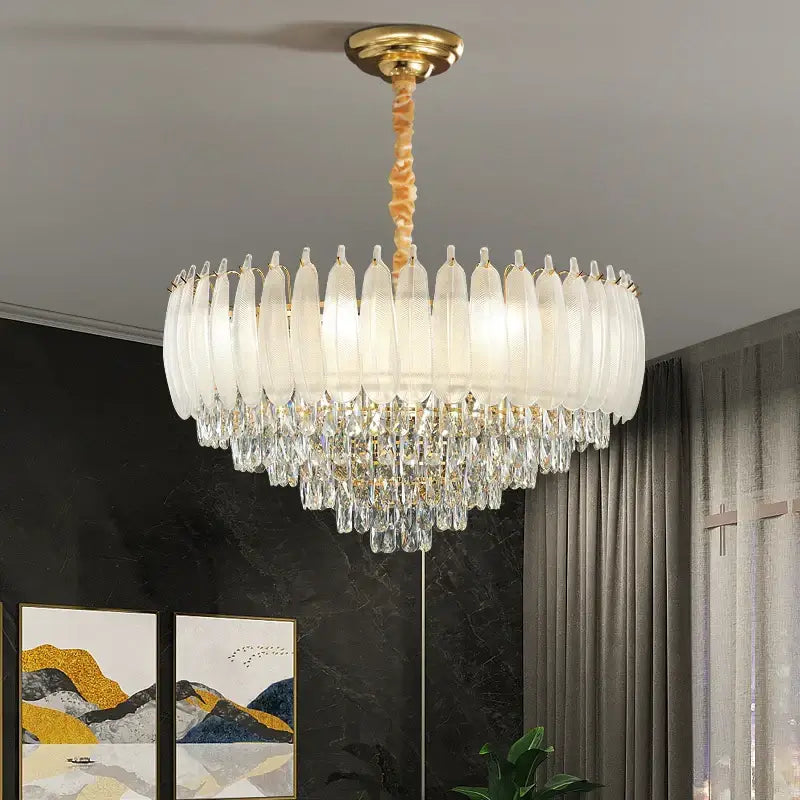A french retro gold crystal feather chandelier with frosted glass leaves and clear crystal droplets for dining room decorbites crystal feather