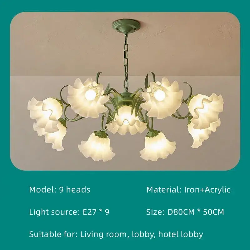 A french retro led flower chandelier with six frosted acrylic shades and a dark green iron frame for elegant decorbites french retro lighting