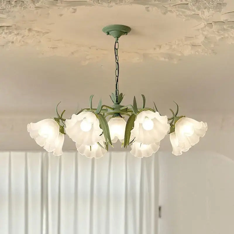 Delicate mint-green french retro led flower chandelier with five frosted glass bell shades and leafy metal accents for bedroom decorbites french retro