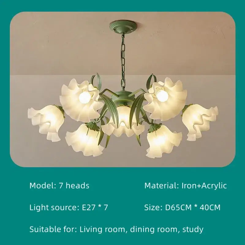 Delicate green iron and acrylic french retro led flower chandelier with seven frosted white shades for bedroom decorbites french retro