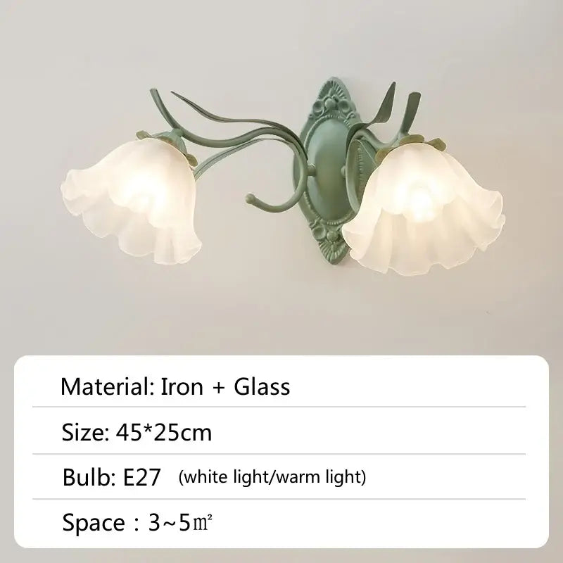 A delicate sage green iron and glass wall sconce with frosted tulip shades for decorbites french retro led lighting