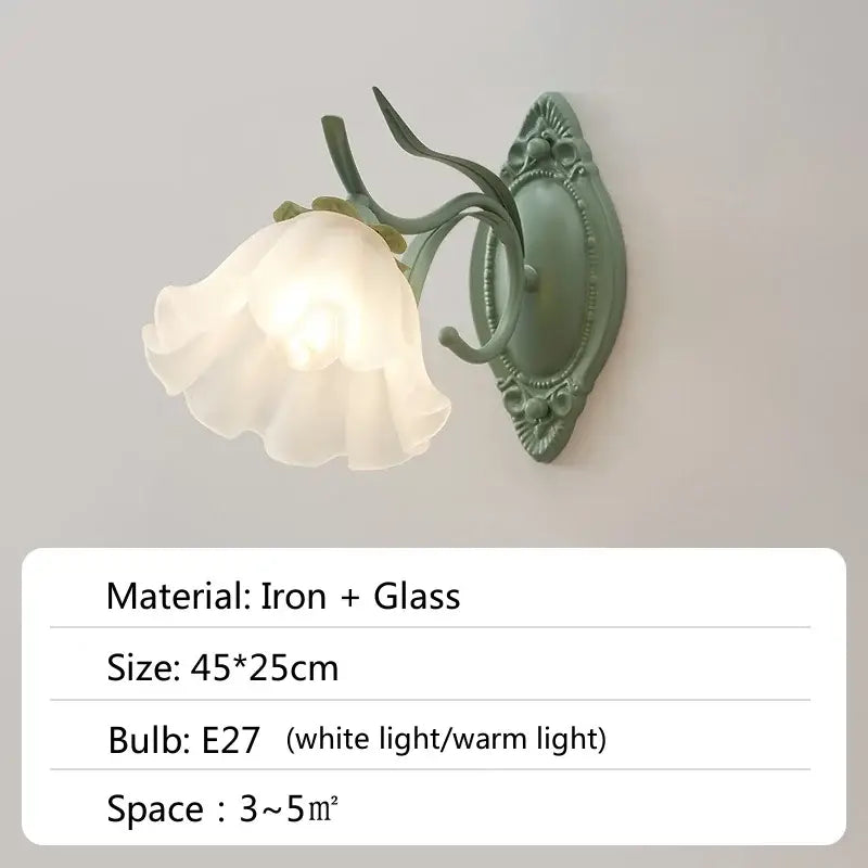 A delicate mint-green iron and glass wall sconce shaped like a blooming flower with frosted white glass shade decorbites french retro
