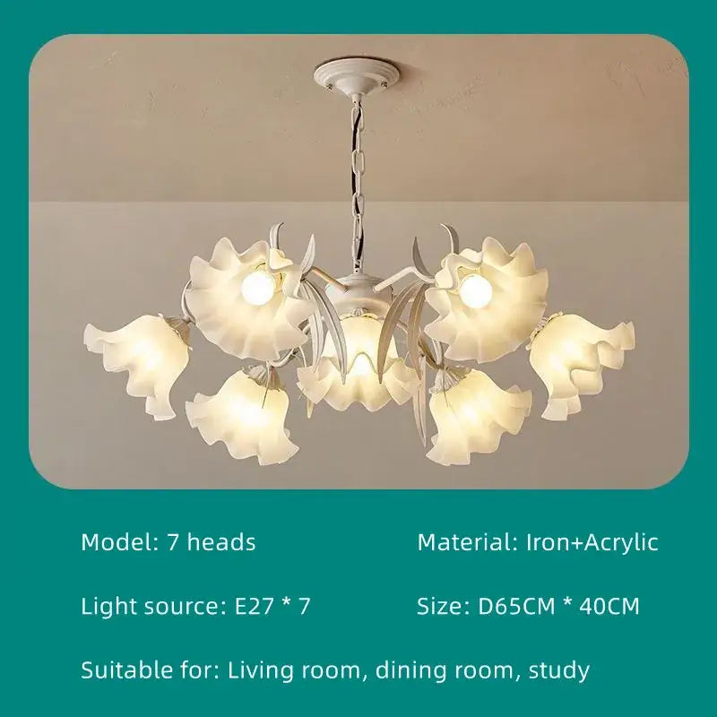 White floral chandelier with seven illuminated glass petals and metallic iron arms from decorbites french retro led collection