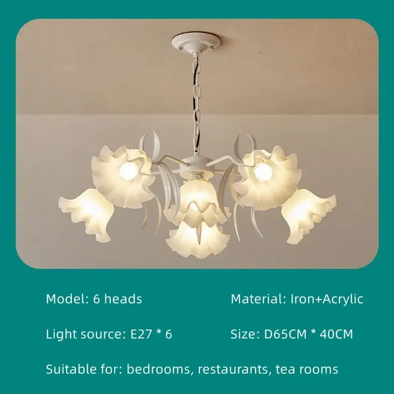 White floral chandelier with five petal-shaped acrylic shades and iron arms for green bedroom decorbites french retro use