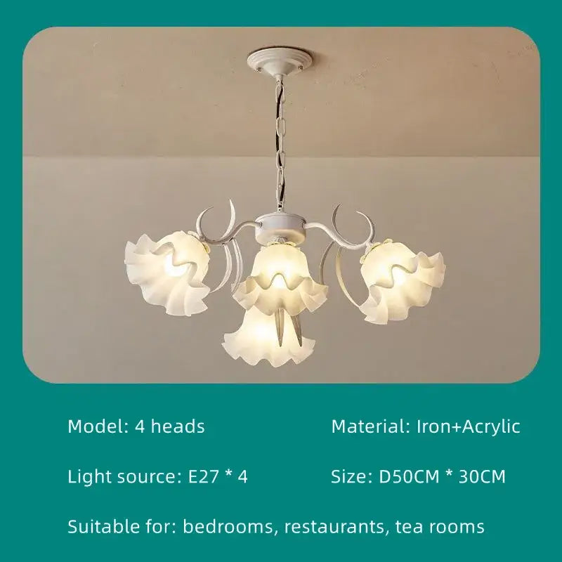 White floral chandelier with three petal-shaped acrylic shades and iron frame decorbites french retro led bedroom pendant light