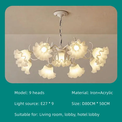 White floral chandelier with nine illuminated petal shades made of iron and acrylic for decorbites french retro led lighting