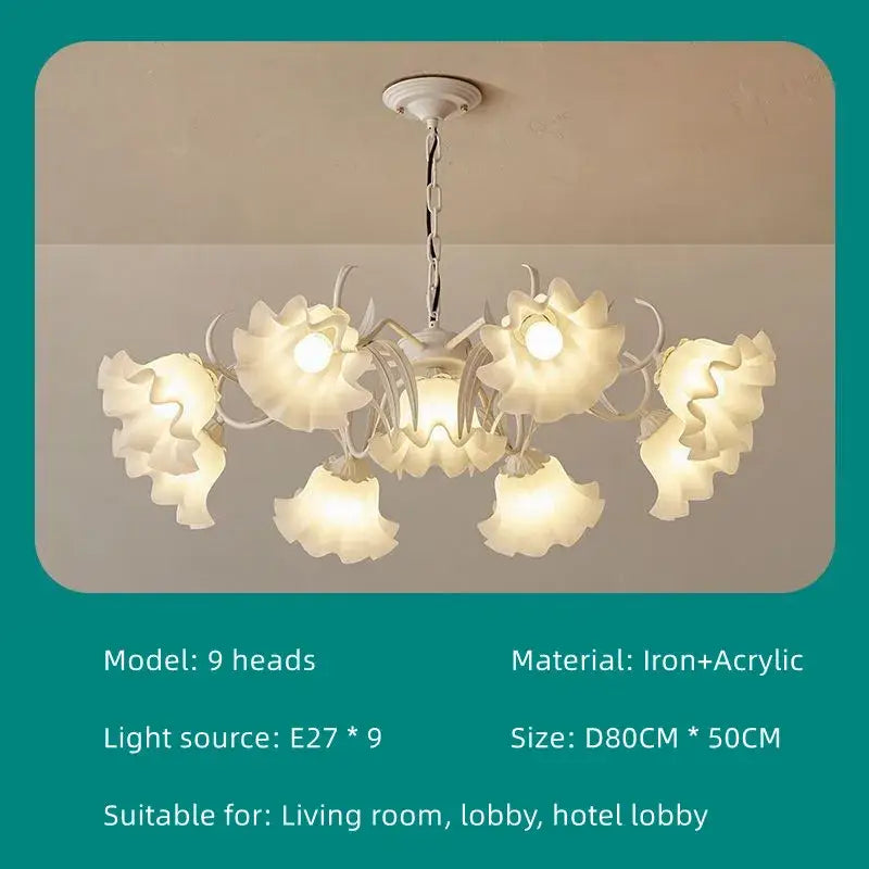 White floral chandelier with nine illuminated petal shades made of iron and acrylic for decorbites french retro led lighting
