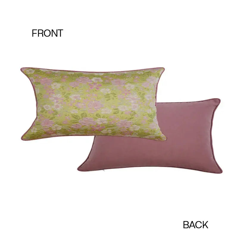 Rectangular decorbites contessa camellia throw pillow in light green fabric with pink white floral embroidery and dusty rose velvet back