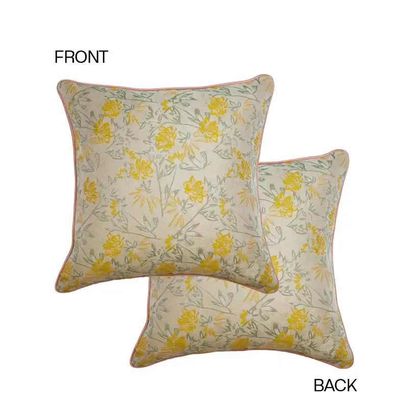 Square decorbites contessa camellia throw pillow with yellow and green floral pattern and pink border for living room decor