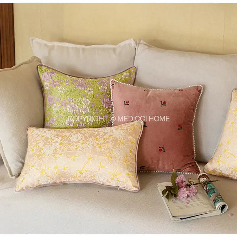 A soft pink velvet contessa camellia throw pillow with embroidered flowers and beaded edge for living room decorbites decor