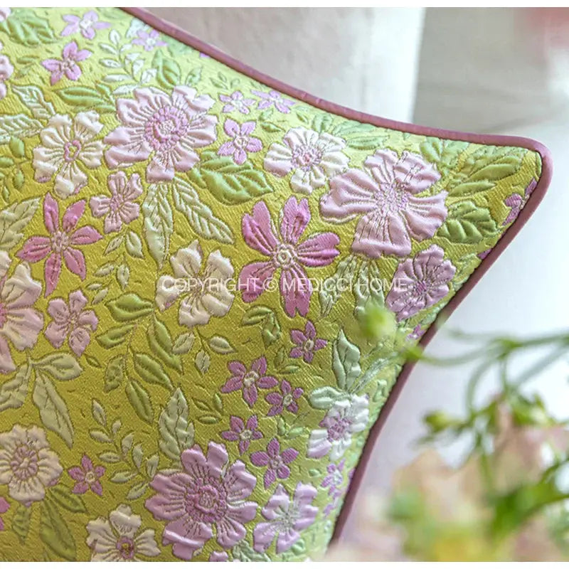 French retro lime green contessa camellia throw pillow with embroidered pink and white flowers for living room decor